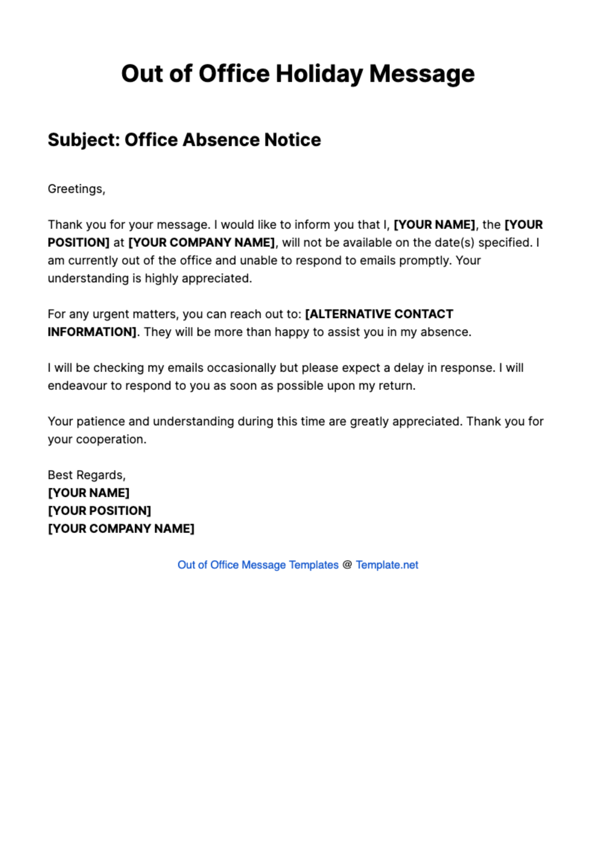 Out Of Office Holiday Message Template