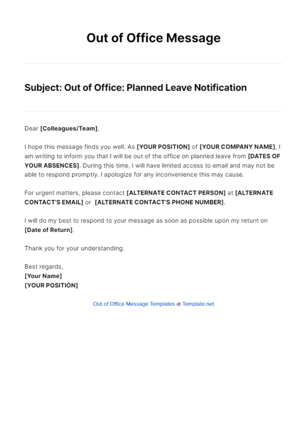 Planned Leave Out Of Office Message Template