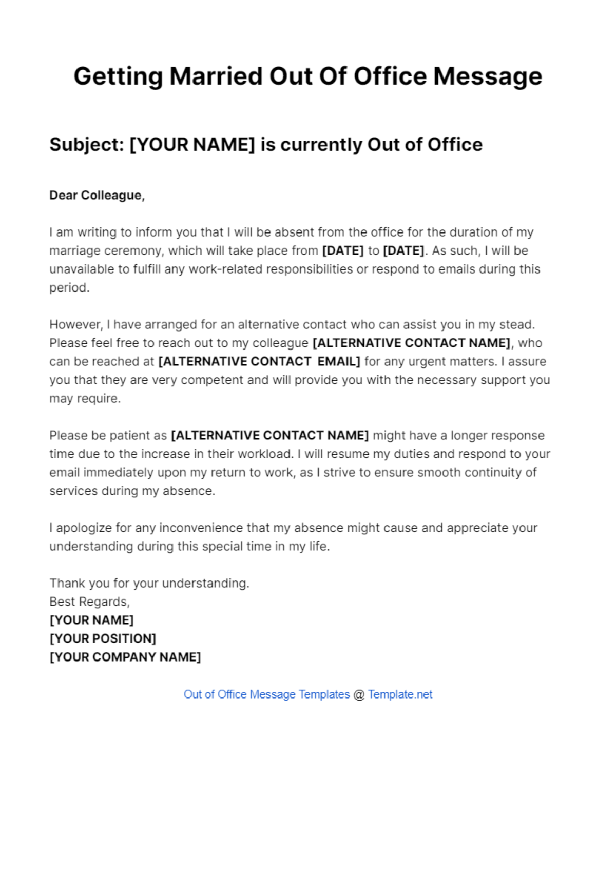 Getting Married Out Of Office Message Template - Edit Online & Download