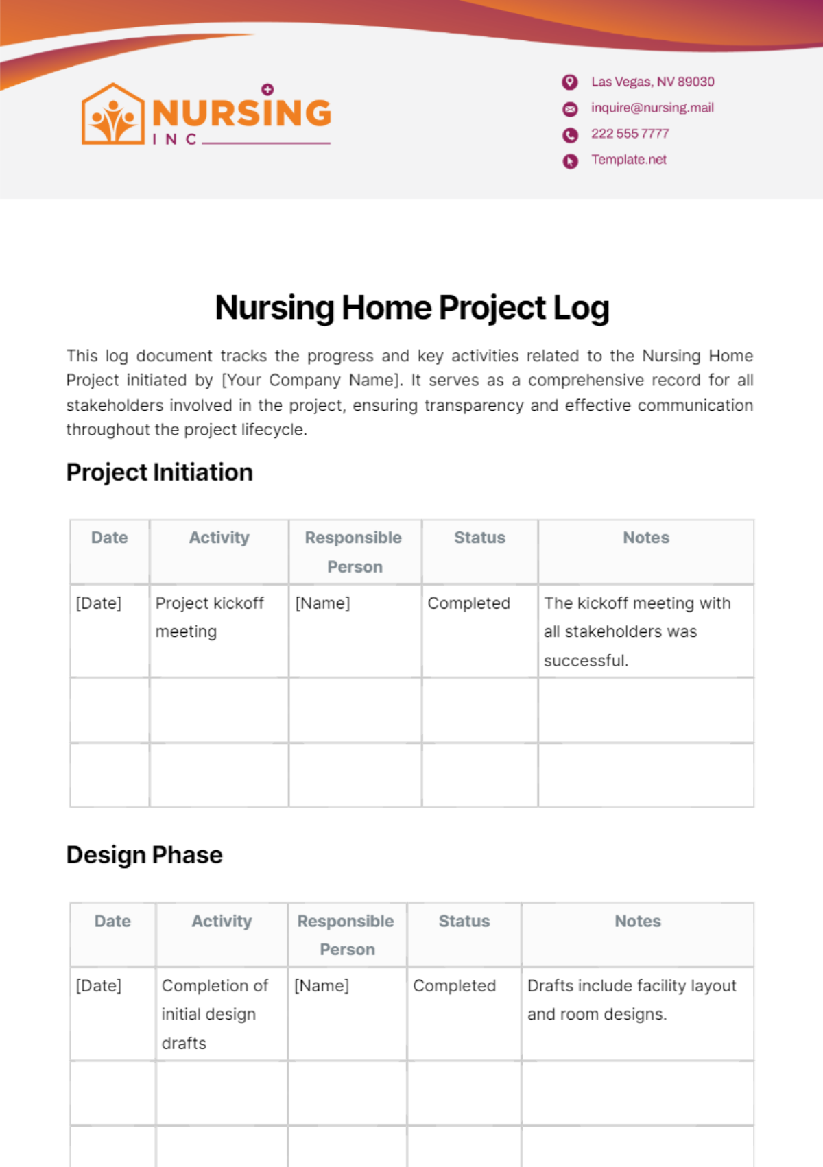 Nursing Home Project Log Template