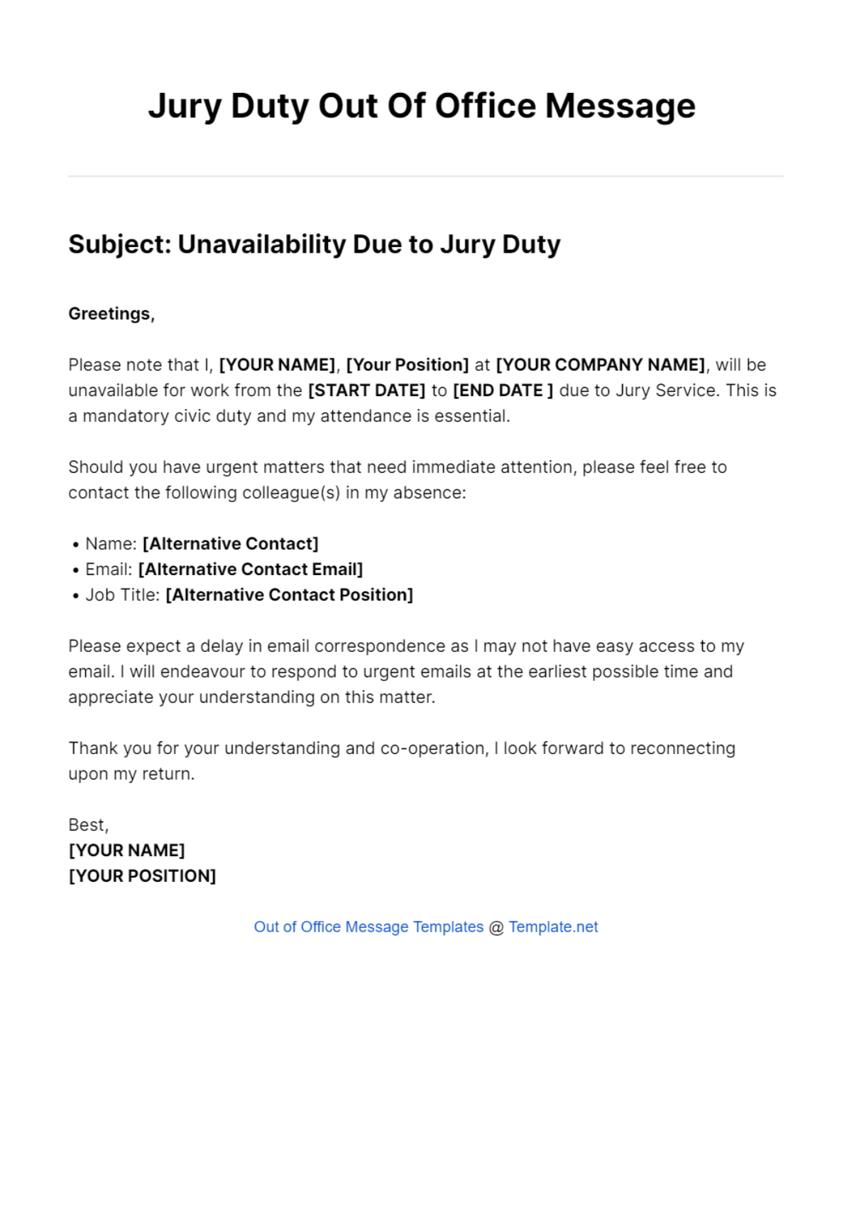 Jury Duty Out Of Office Message Template
