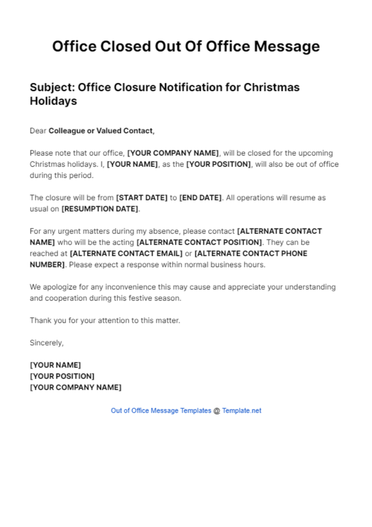 Office Closed Out Of Office Message Template