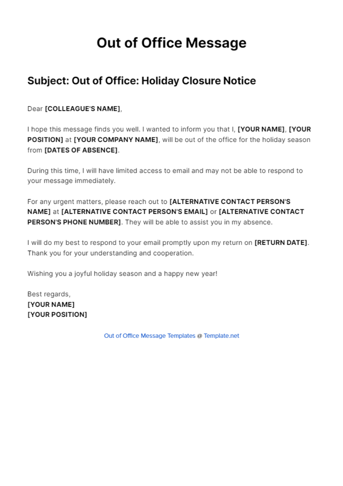 Out Of Office Message for Holiday Closure Template