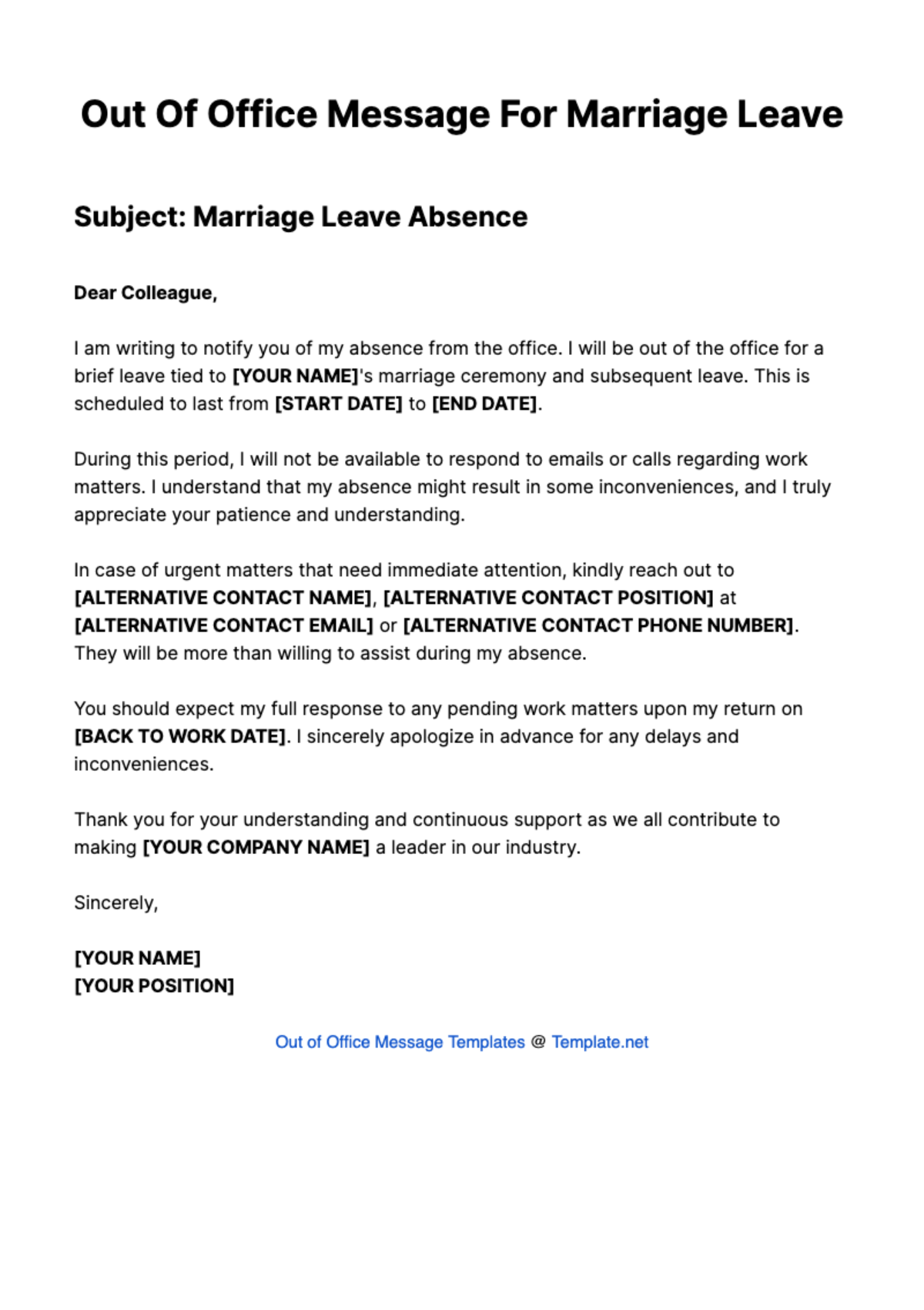 Out Of Office Message For Marriage Leave Template - Edit Online & Download