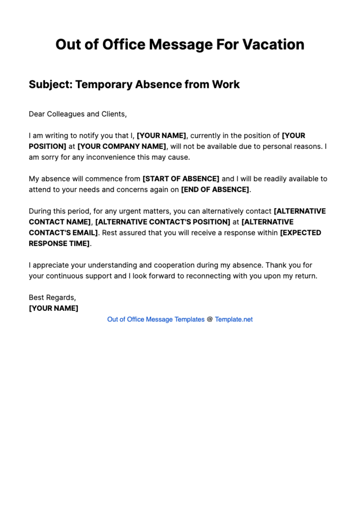 Out Of Office Message for Vacation Template