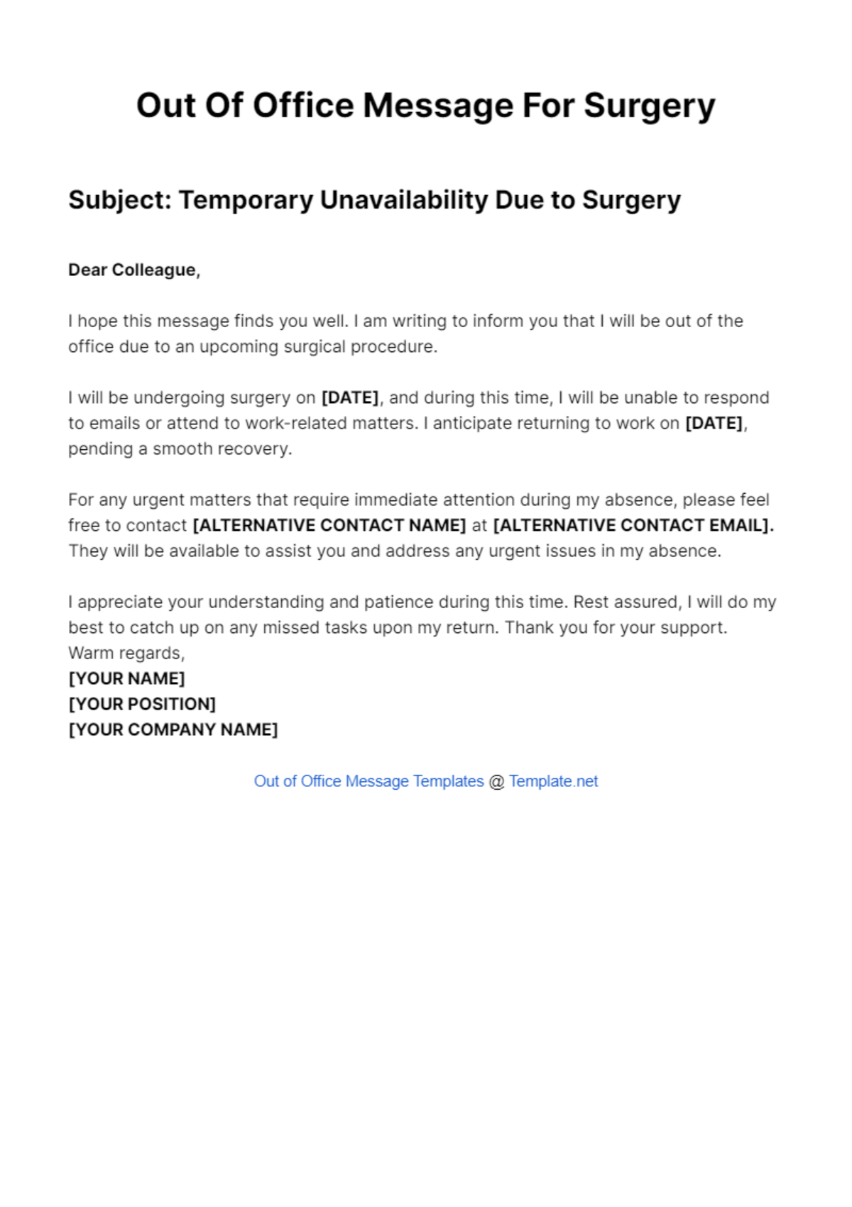 Out Of Office Message For Surgery Template - Edit Online & Download