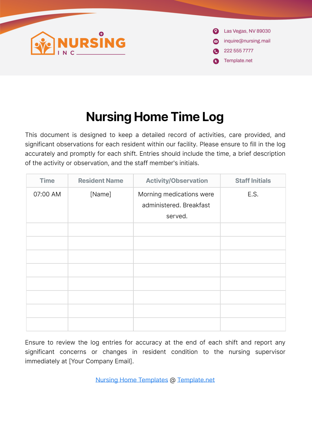 Nursing Home Time Log Template