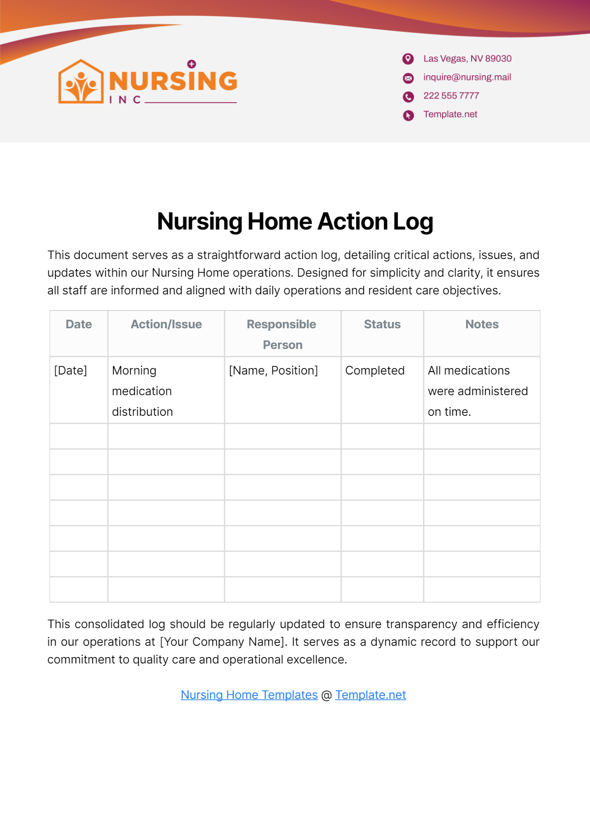 Nursing Home Action Log Template