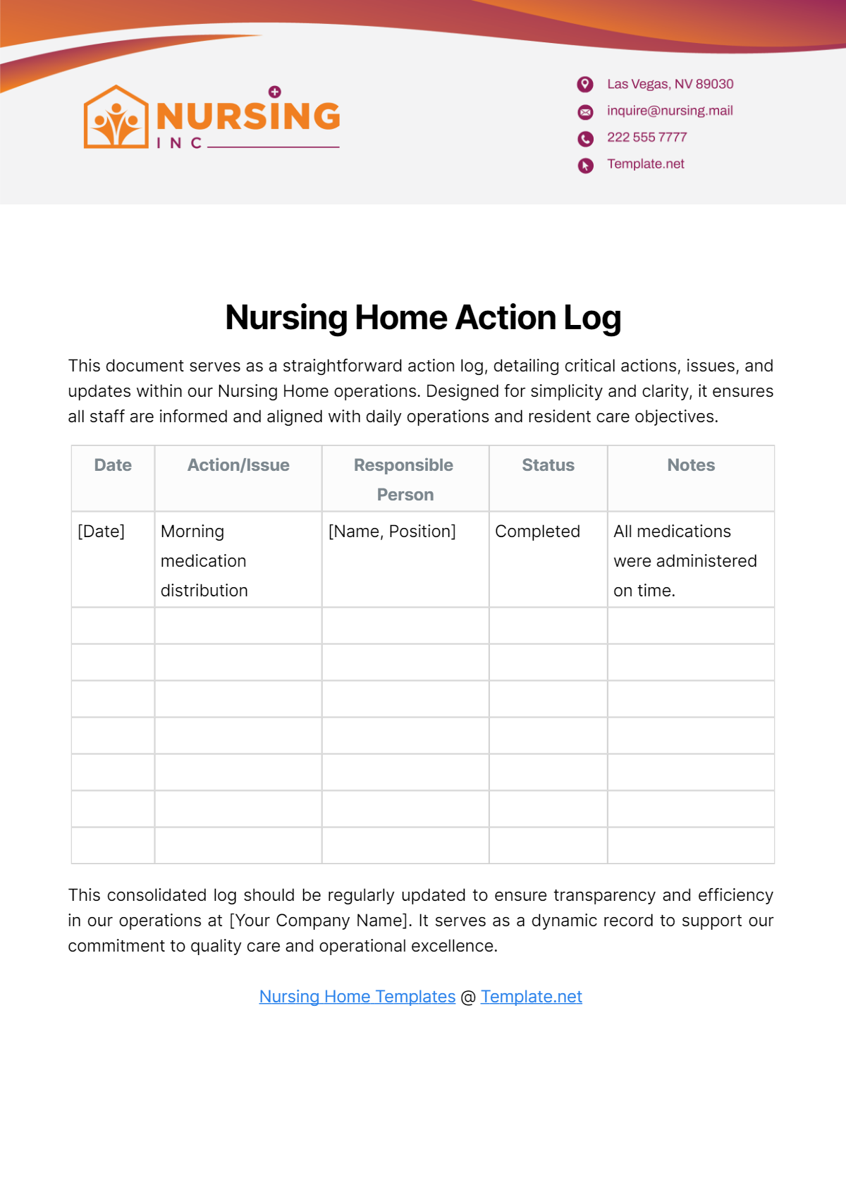 Nursing Home Action Log Template - Edit Online & Download