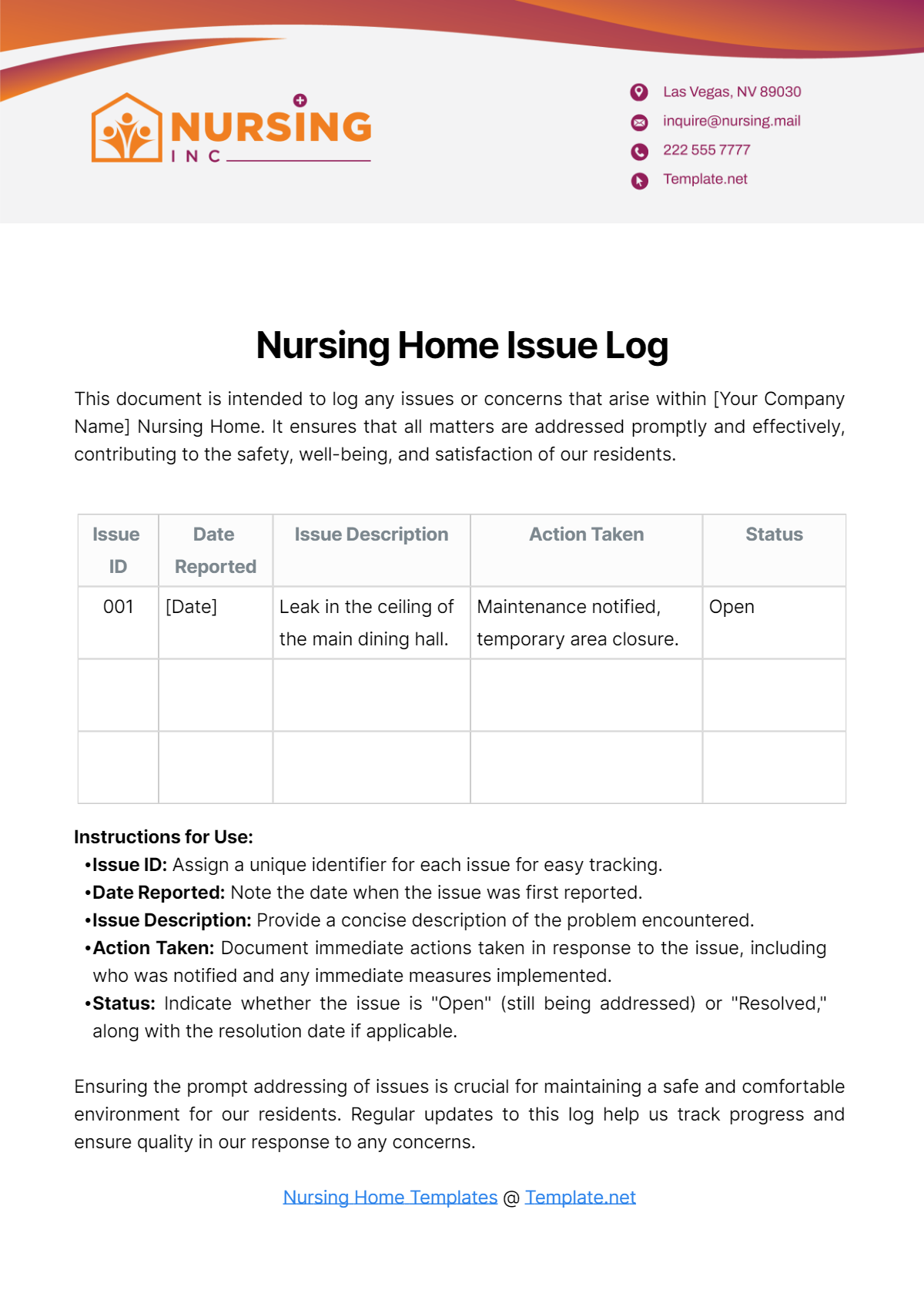 Nursing Home Issue Log Template