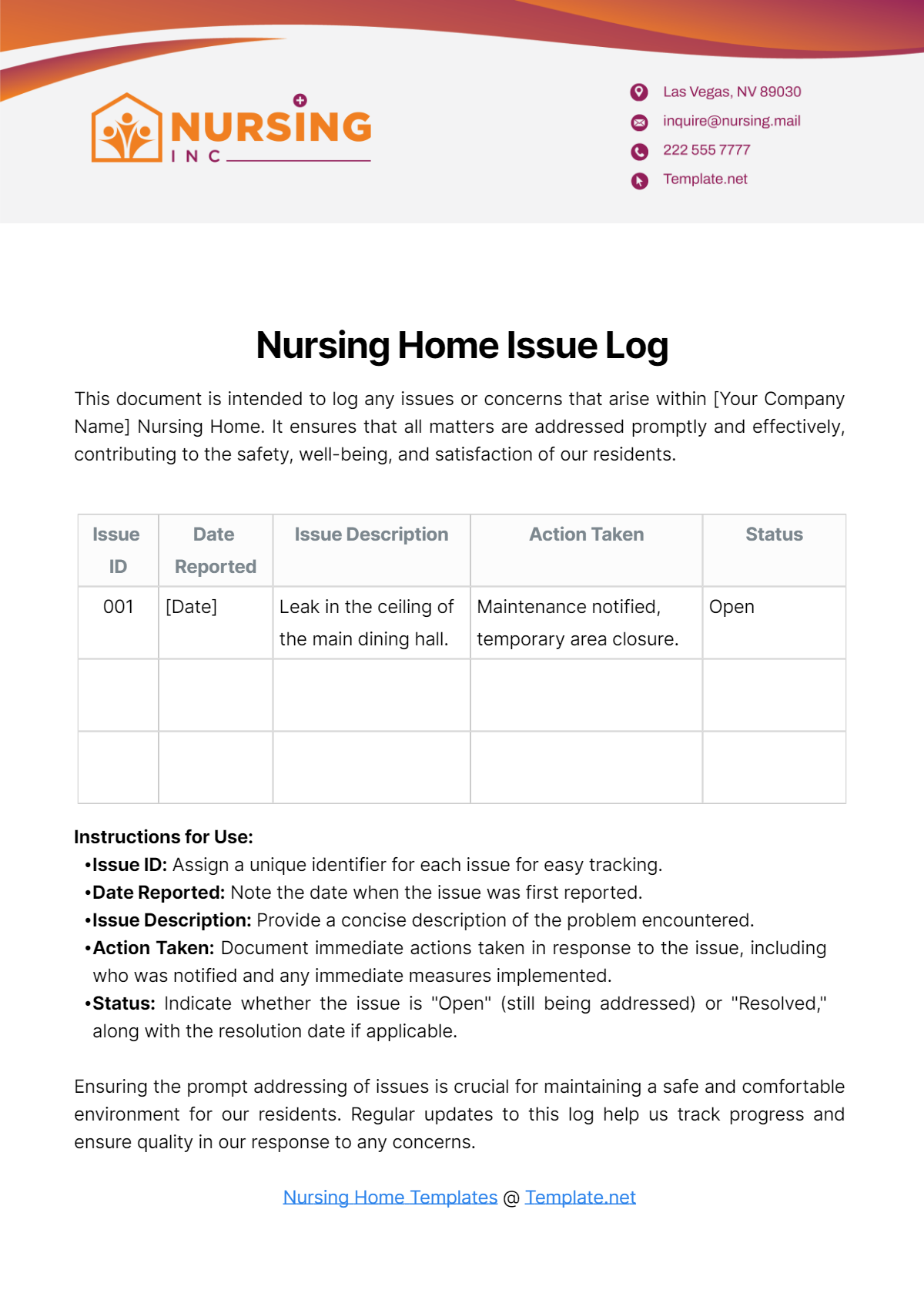 Nursing Home Issue Log Template - Edit Online & Download