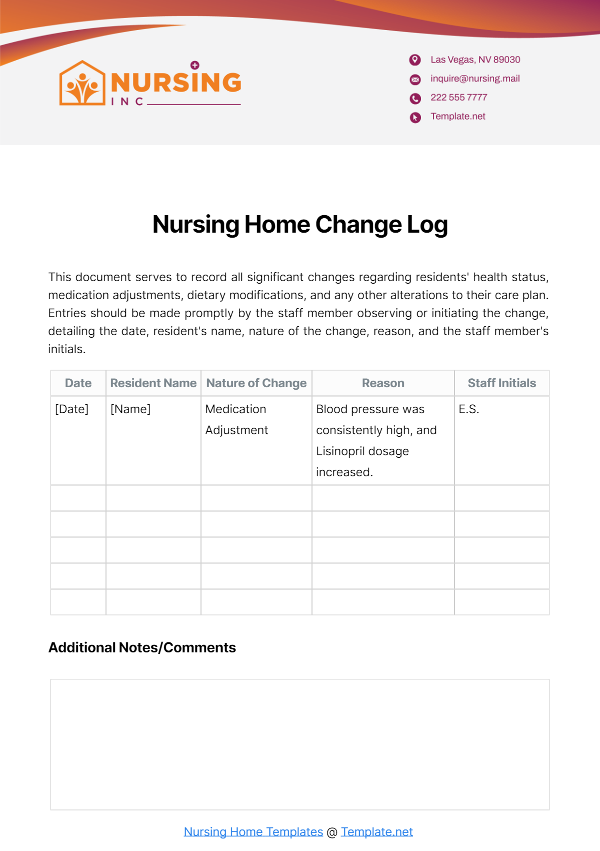 Nursing Home Change Log Template