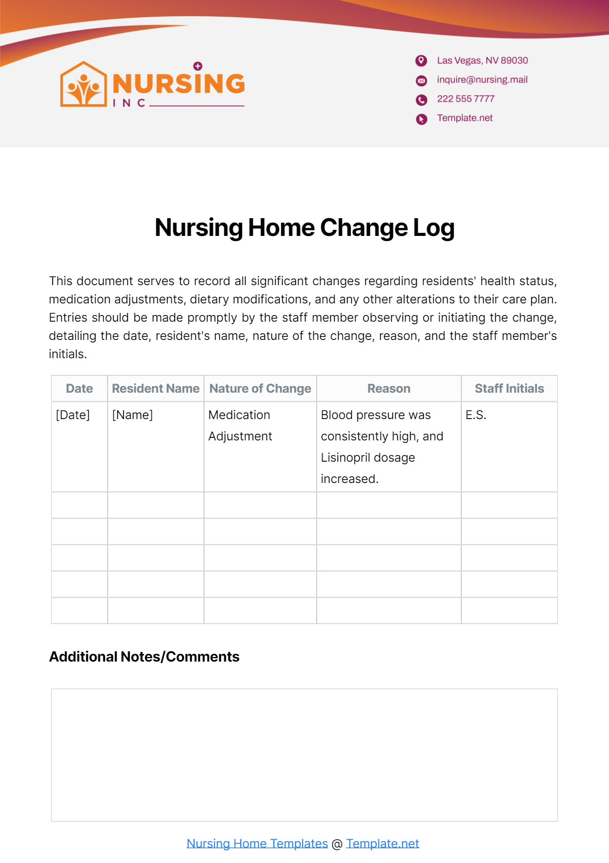 Nursing Home Change Log Template - Edit Online & Download