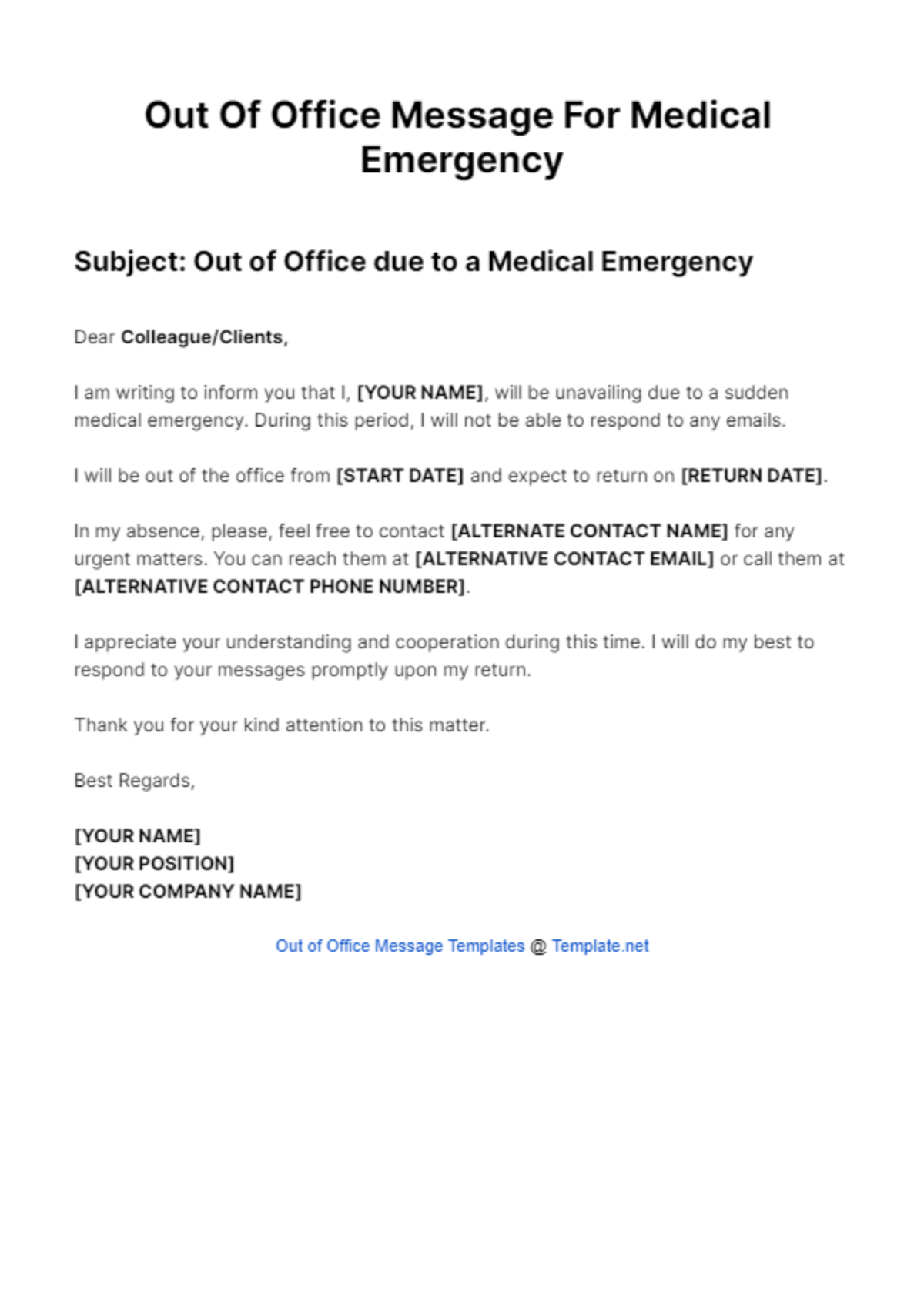 Out Of Office Message For Medical Emergency Template