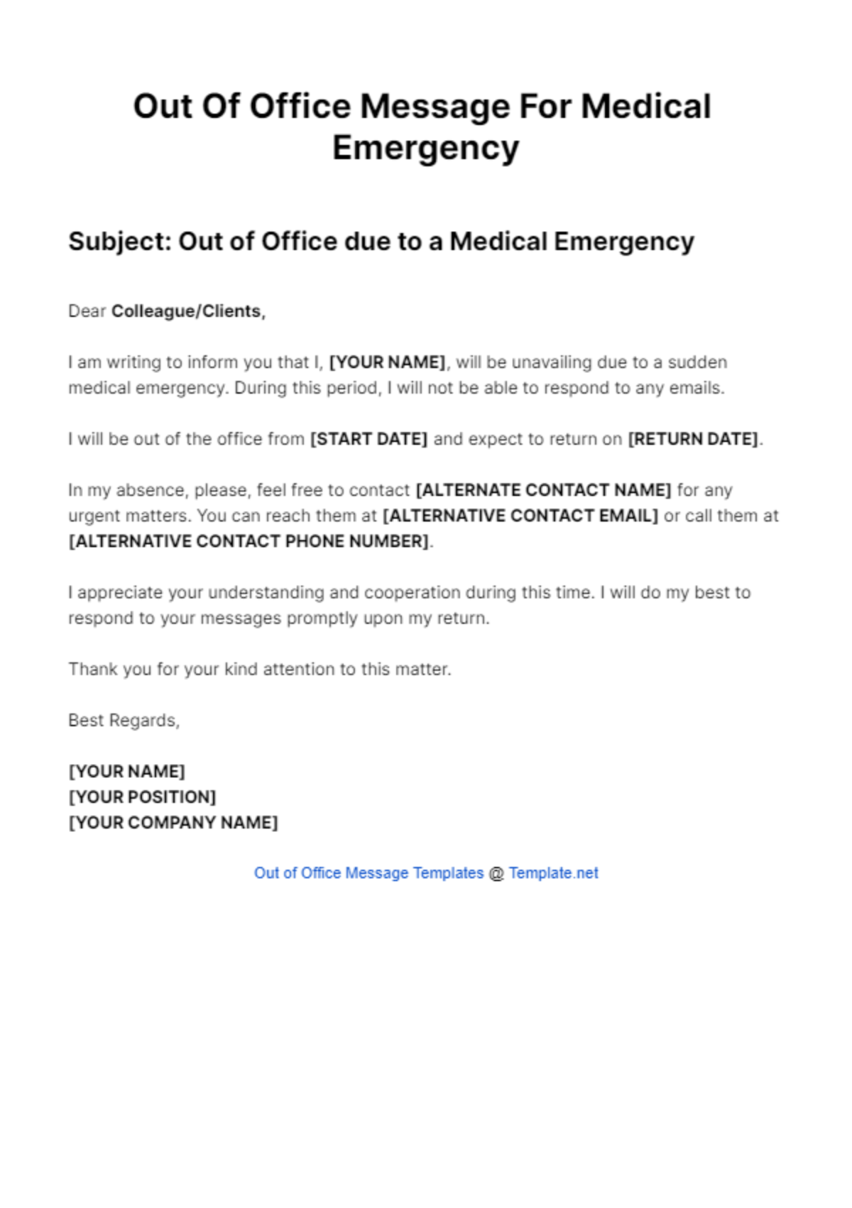 Out Of Office Message For Medical Emergency Template - Edit Online & Download