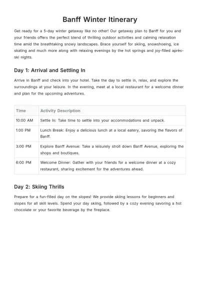 Free Banff Winter Itinerary Template to Edit Online