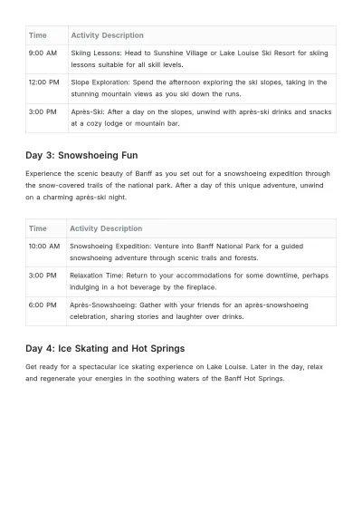 Free Banff Winter Itinerary Template to Edit Online