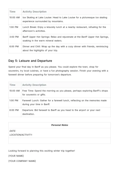Free Banff Winter Itinerary Template to Edit Online