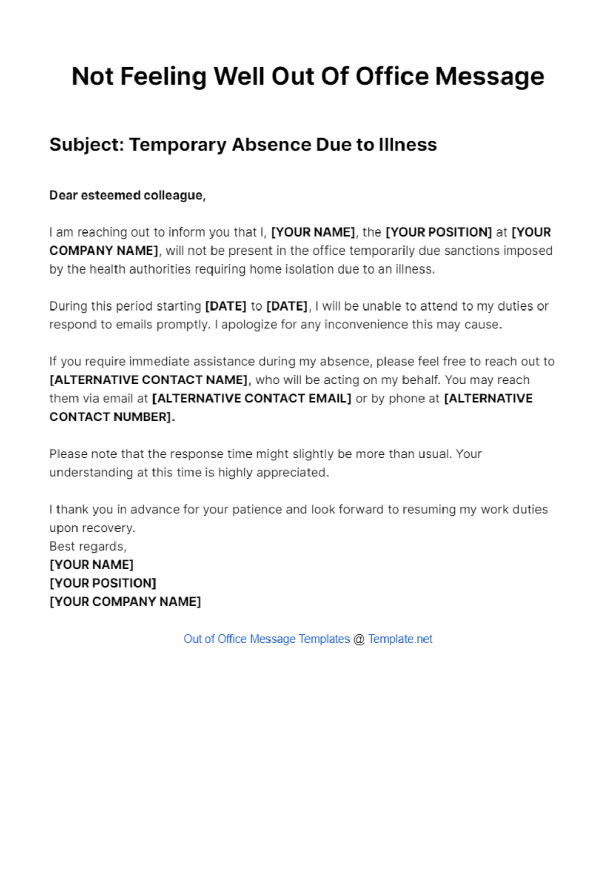 Not Feeling Well Out Of Office Message Template