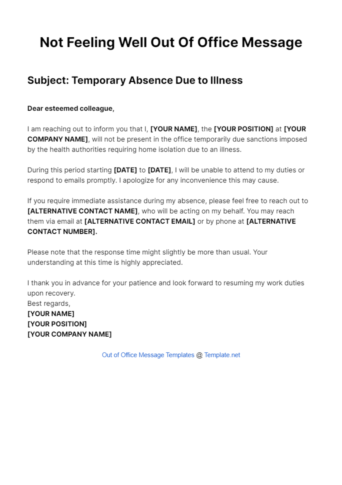 Not Feeling Well Out Of Office Message Template - Edit Online & Download