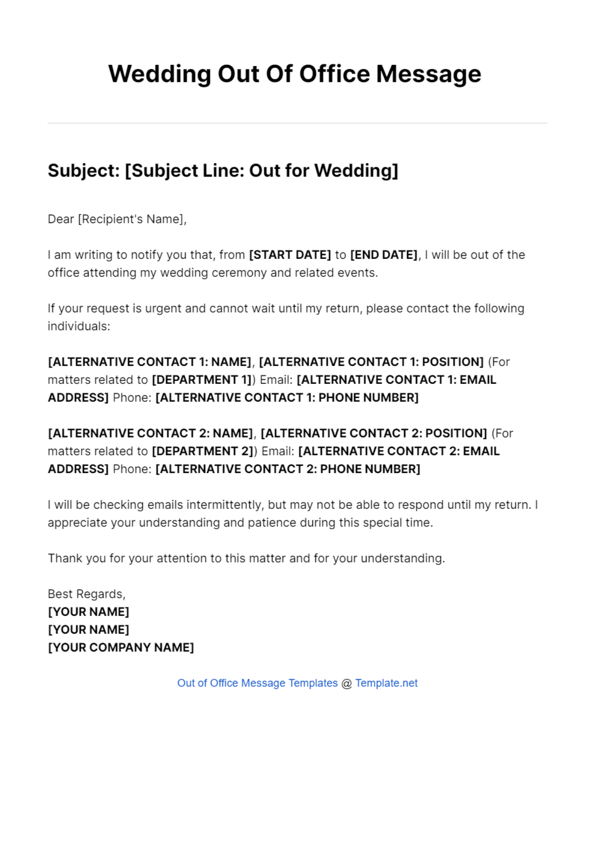 Wedding Out Of Office Message Template