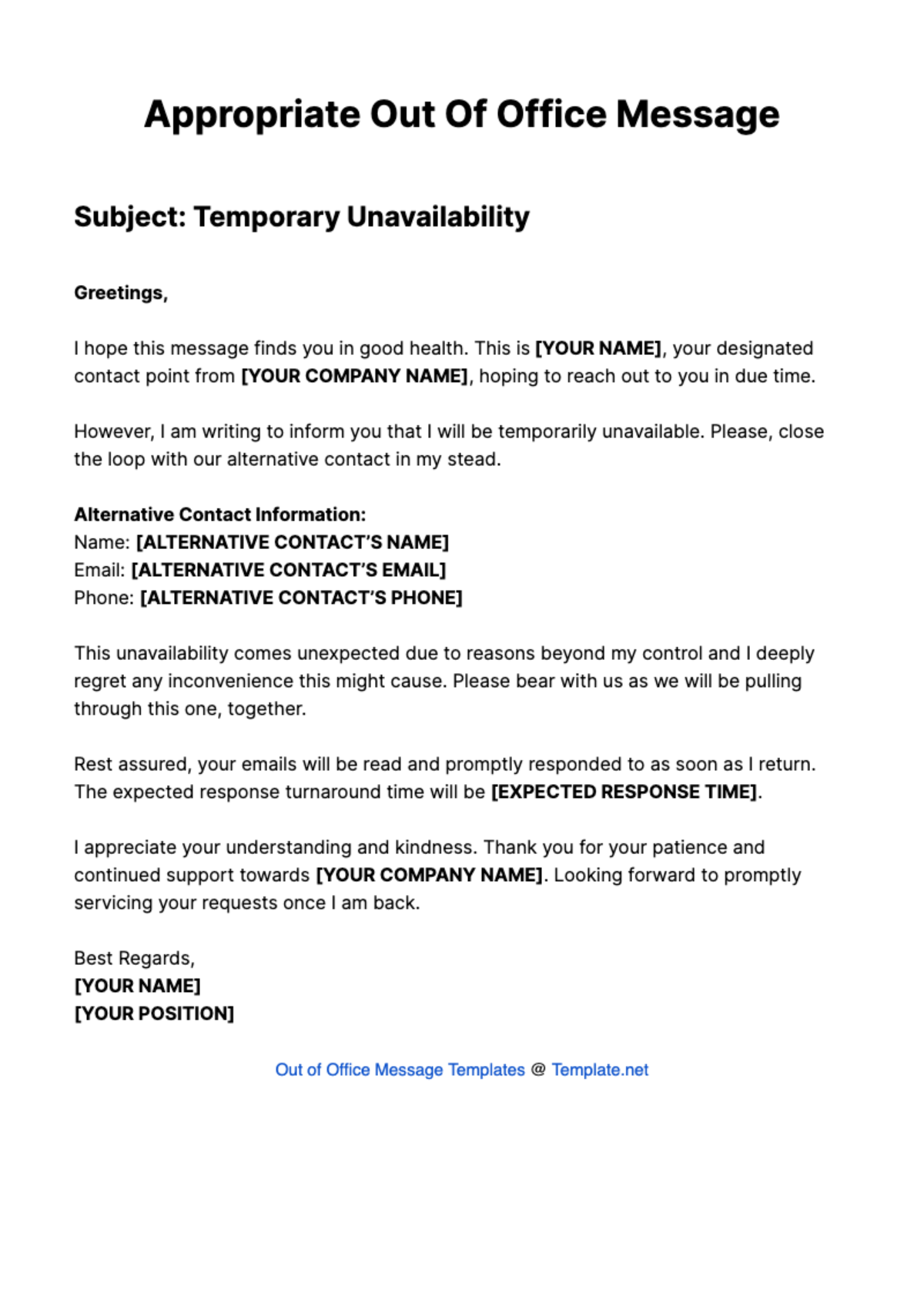 Appropriate Out Of Office Message Template