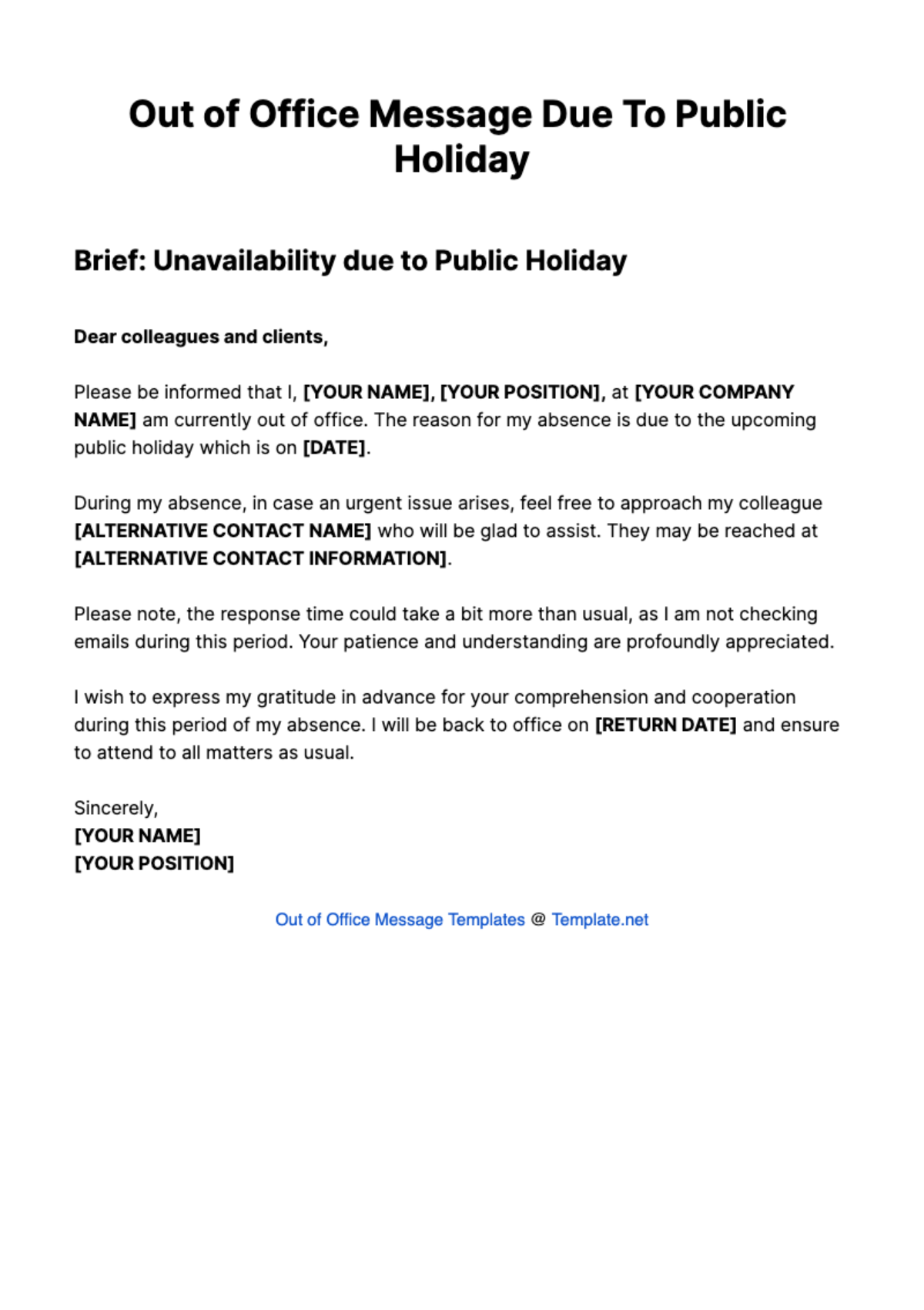 Out Of Office Message Due To Public Holiday Template