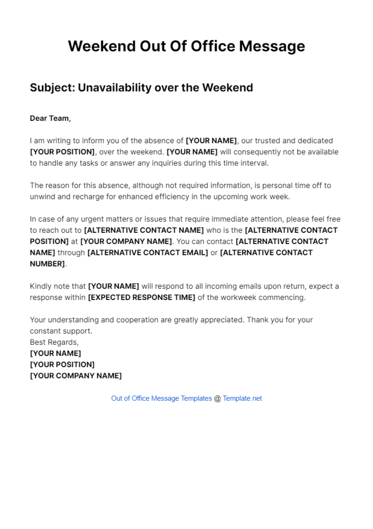 Weekend Out Of Office Message Template - Edit Online & Download