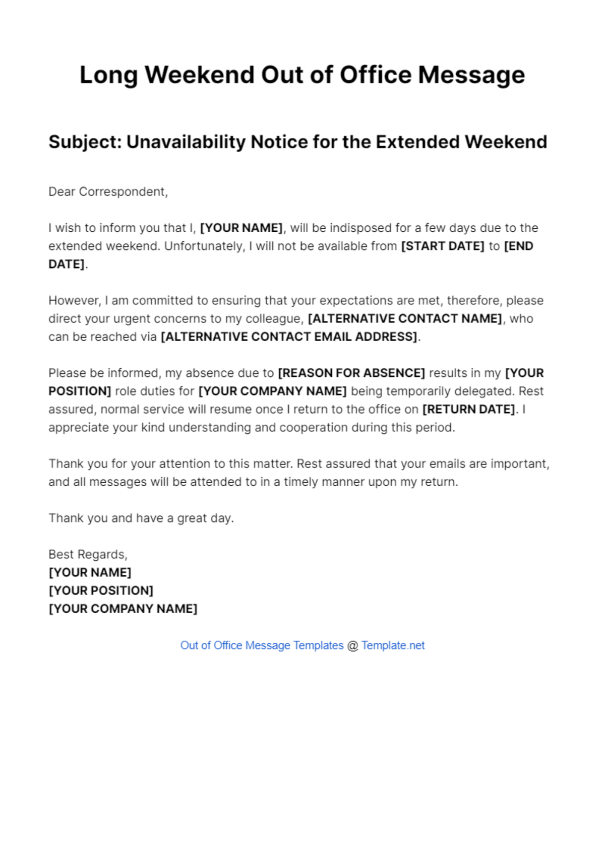 Long Weekend Out Of Office Message Template - Edit Online & Download