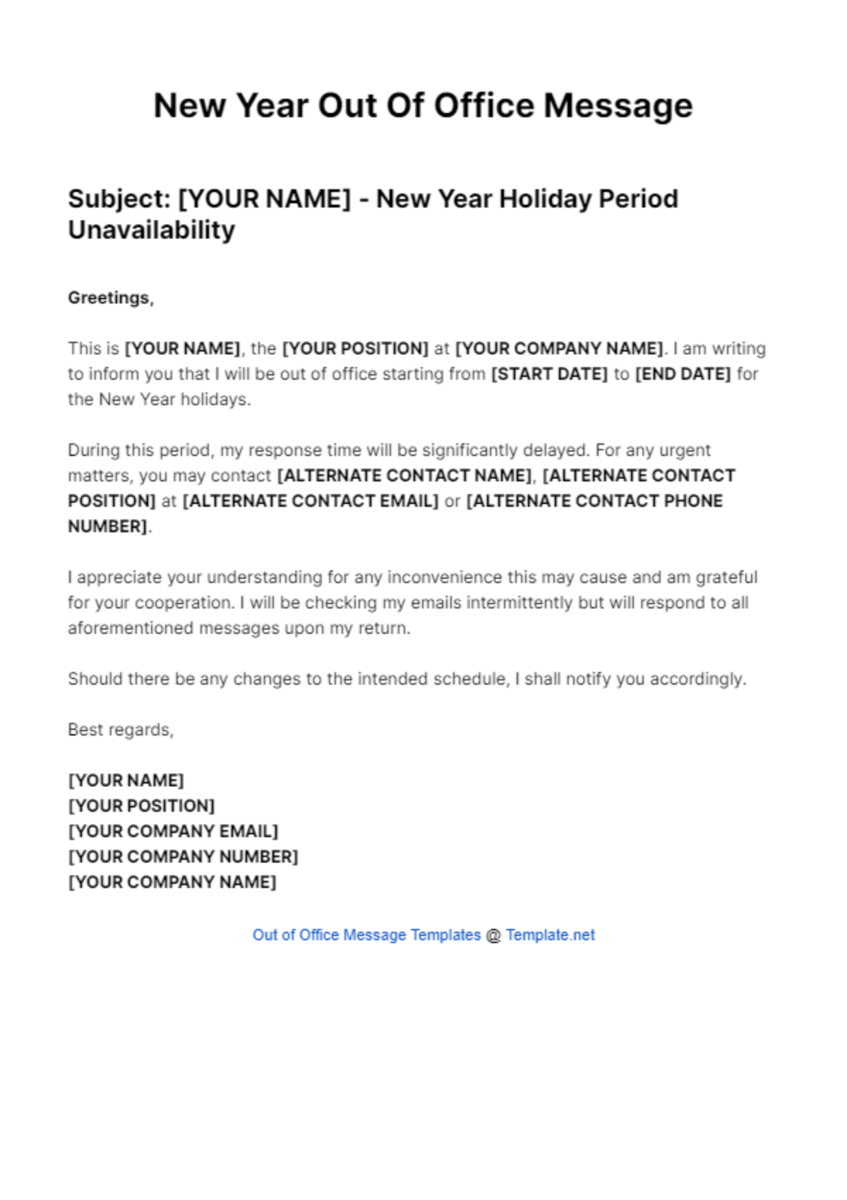 New Year Out Of Office Message Template - Edit Online & Download