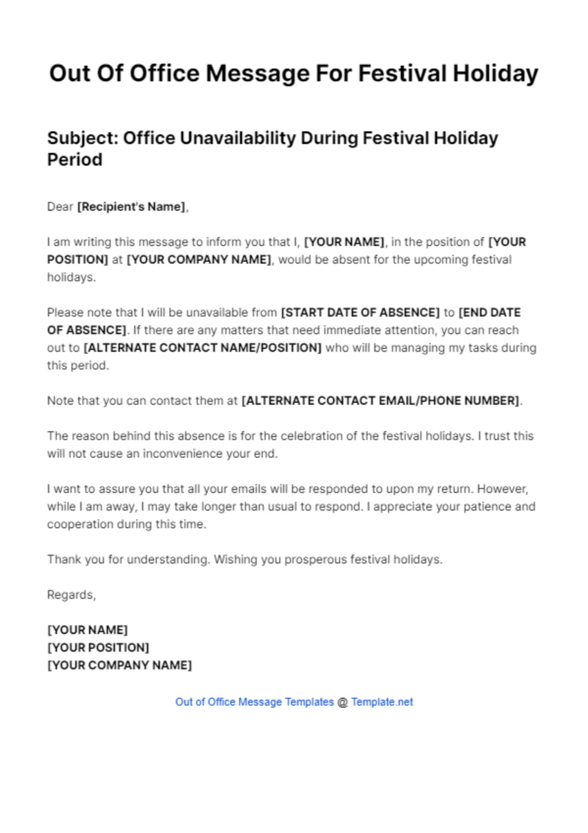 Out Of Office Message For Festival Holiday Template