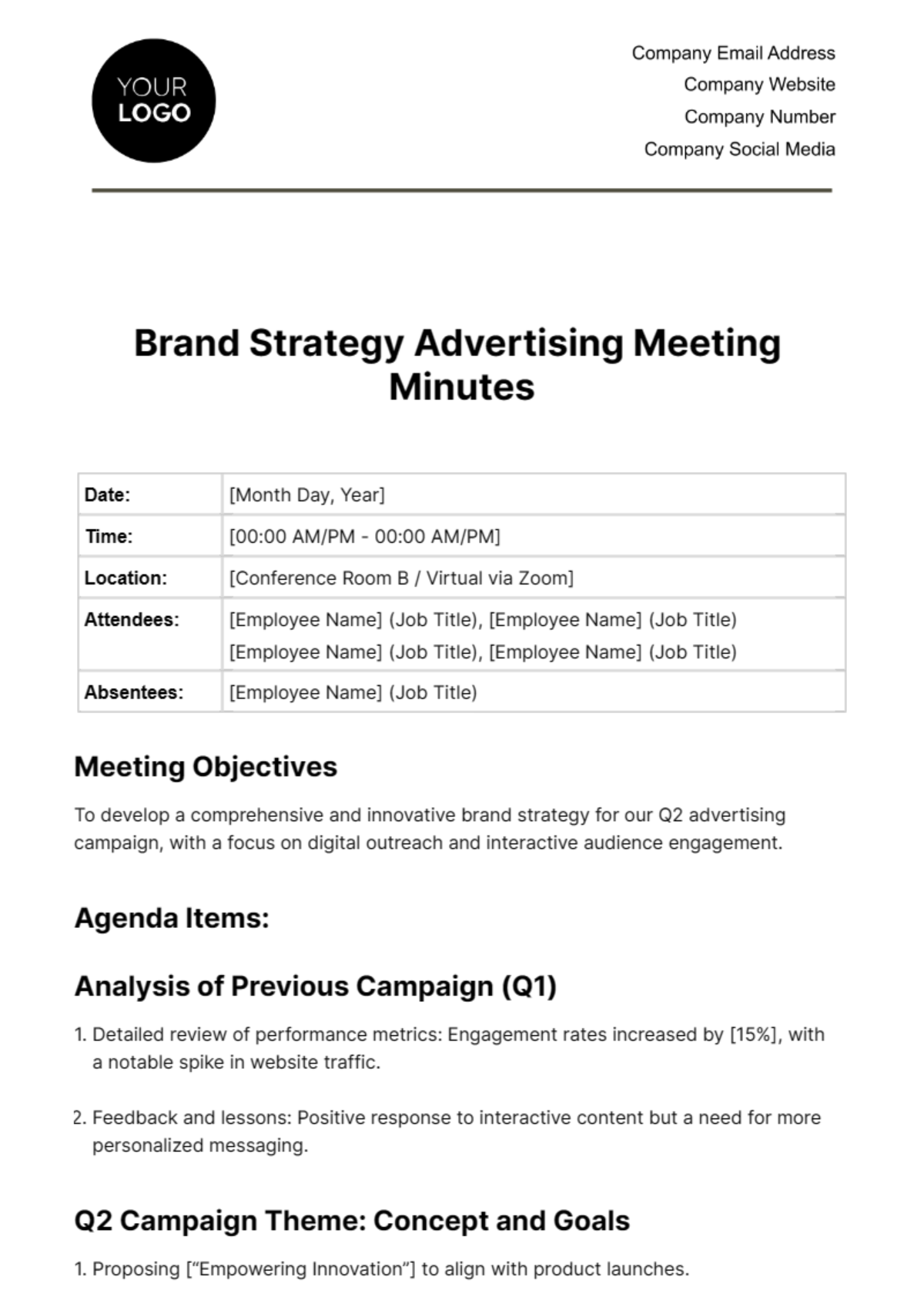 Free Brand Strategy Advertising Meeting Minutes Template