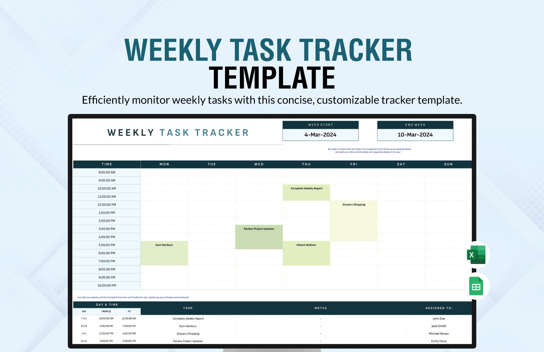 Weekly Task Tracker Template in Excel, Google Sheets