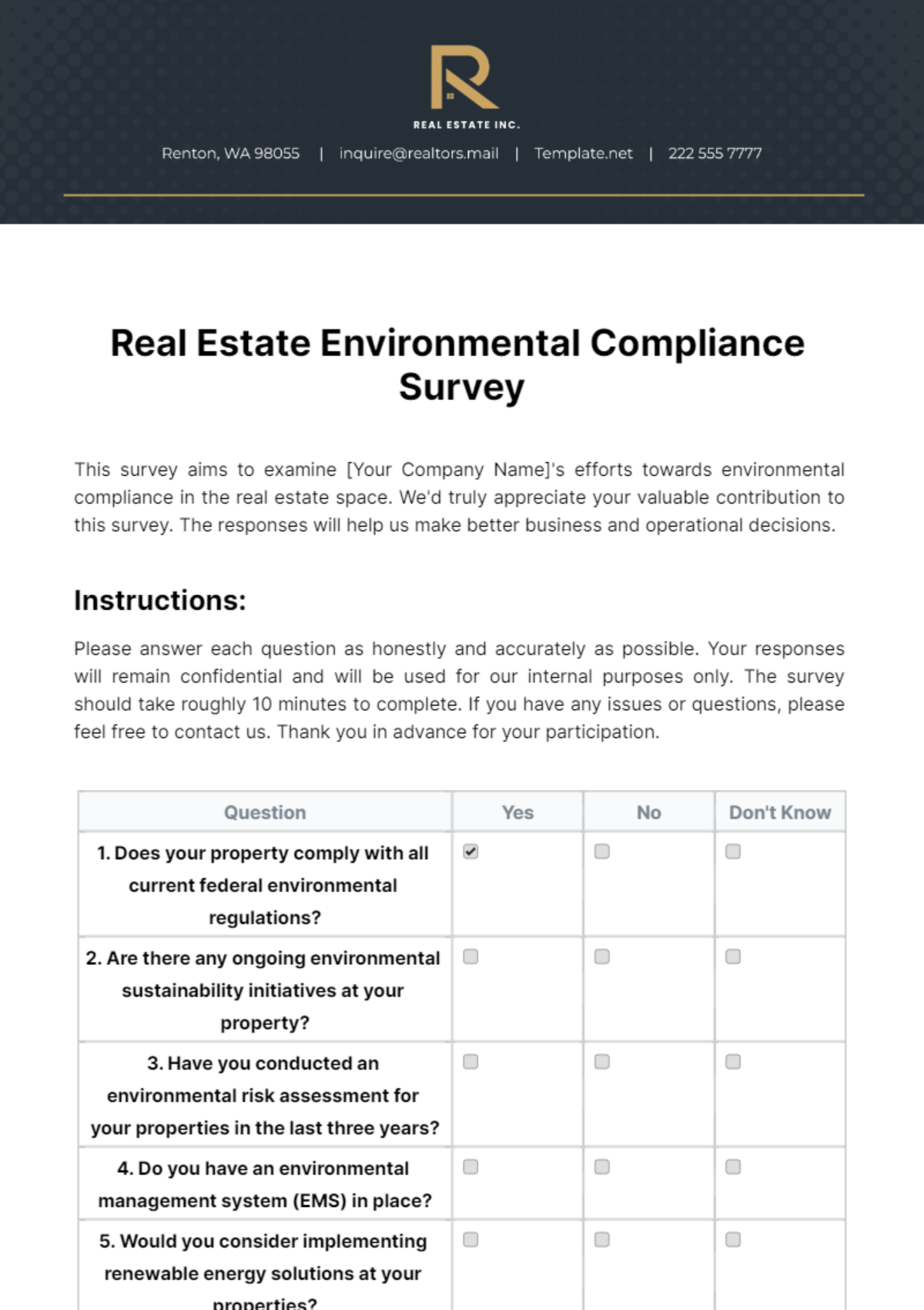 Free Real Estate Environmental Compliance Survey Template
