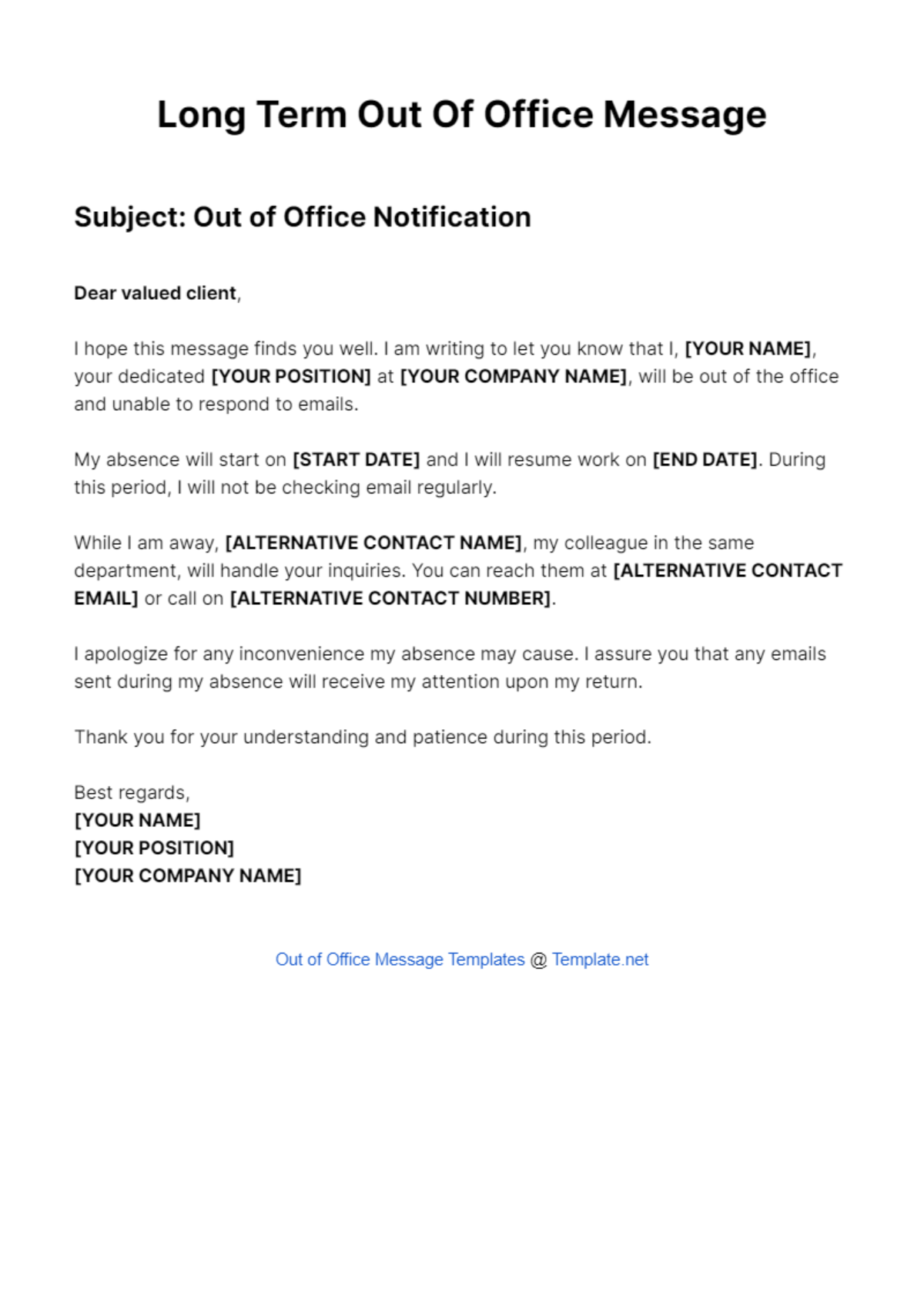 Long Term Out Of Office Message Template