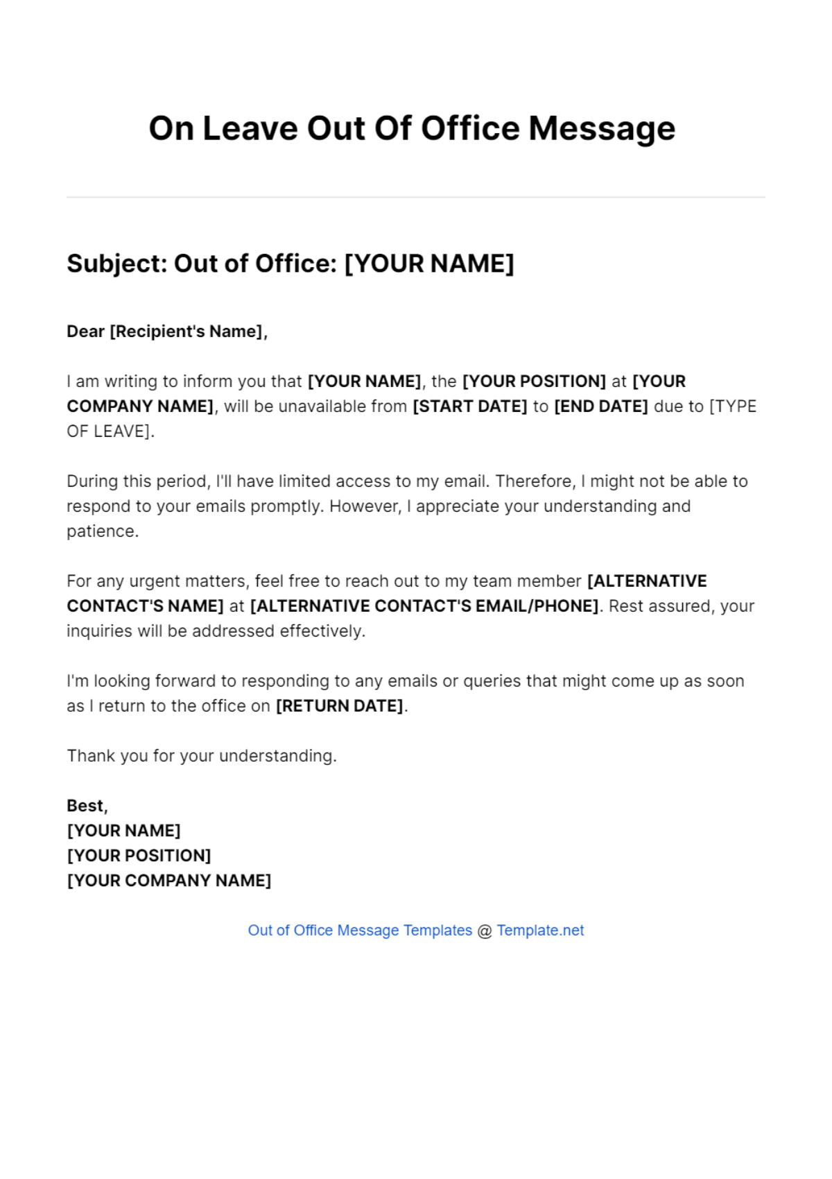 On Leave Out Of Office Message Template