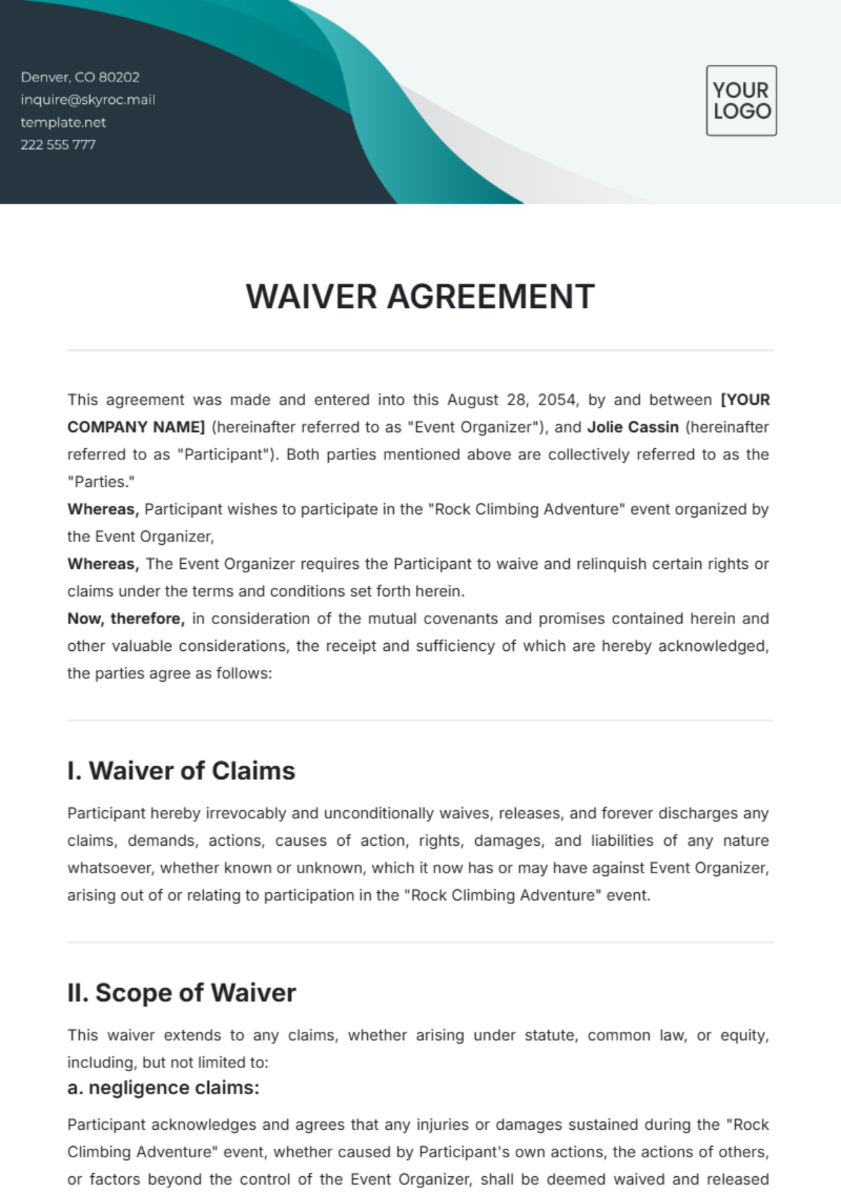 Waiver Agreement Template | Template.net