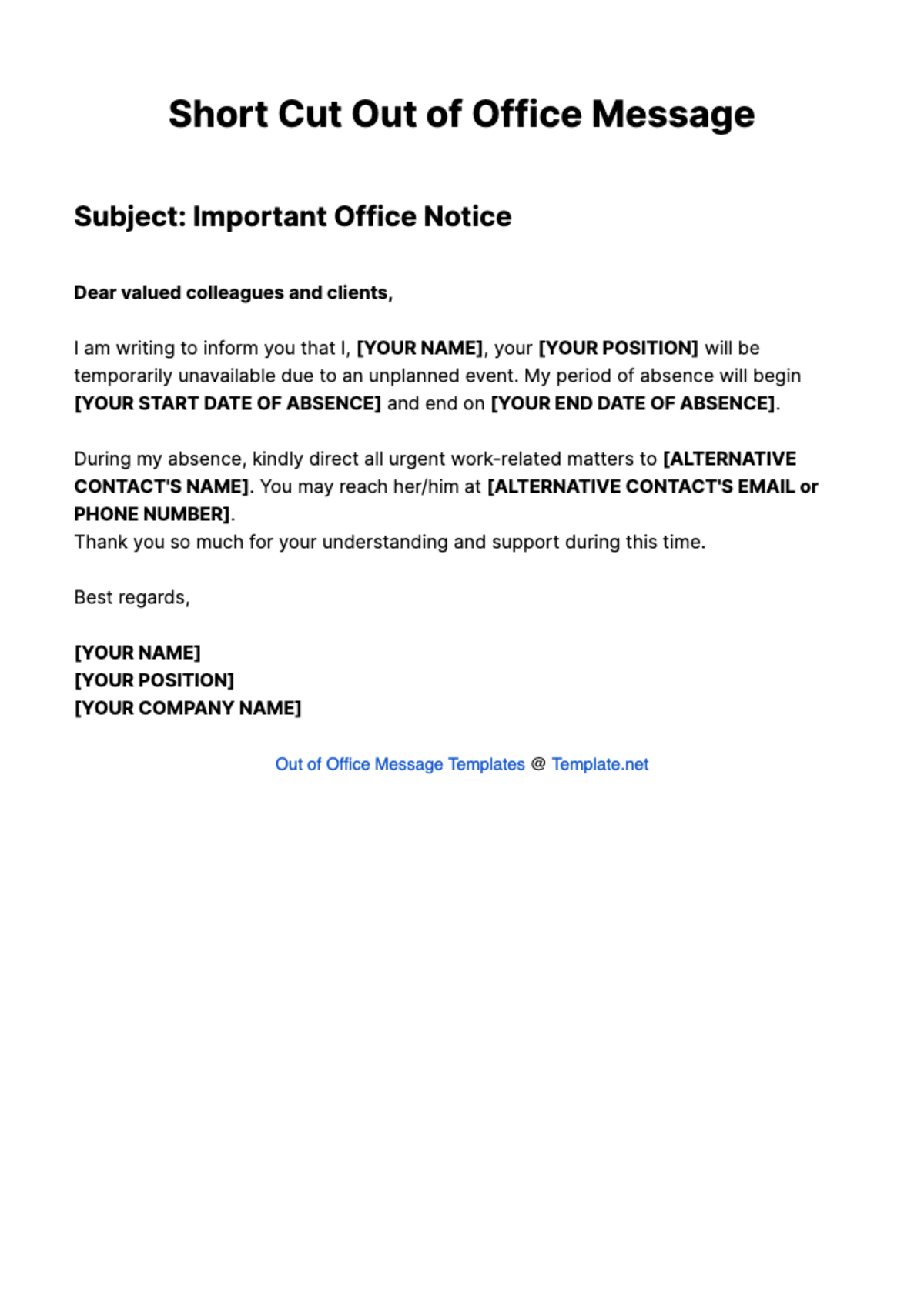 Short Out Of Office Message Template