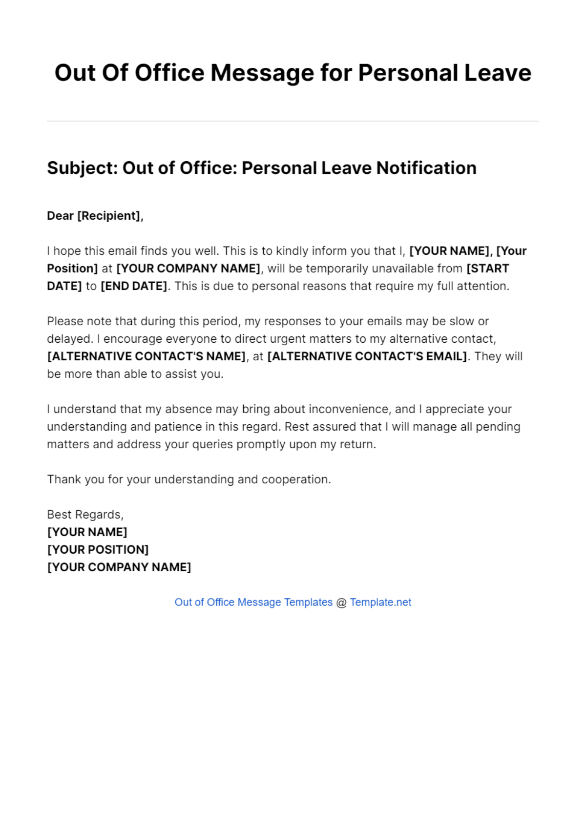Out Of Office Message for Personal Leave Template