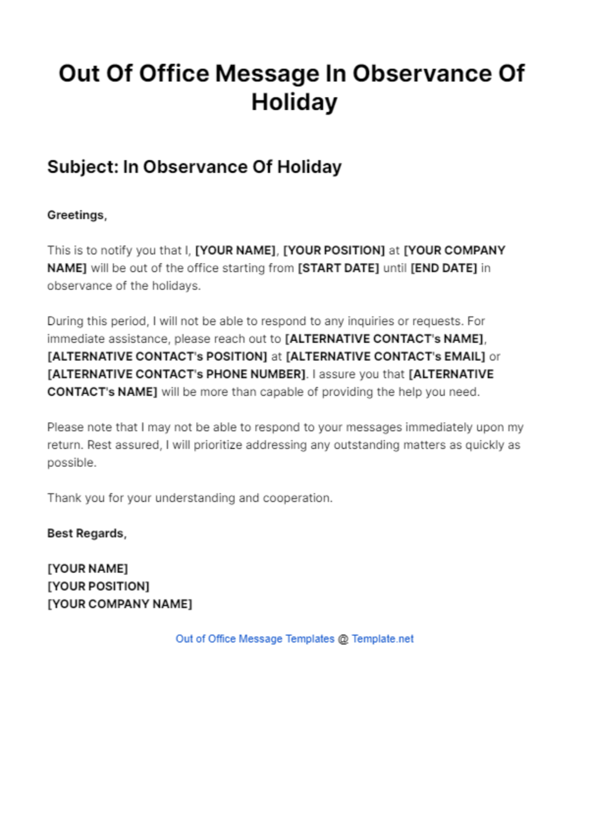 Out Of Office Message In Observance Of Holiday Template
