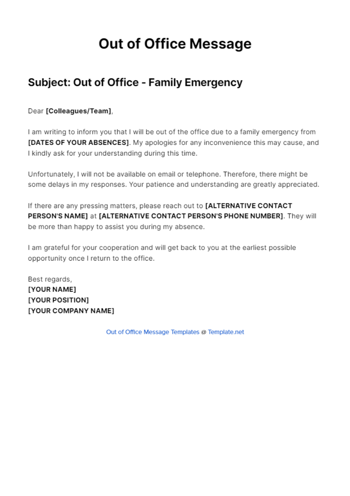 Out Of Office Message For Family Emergency Template