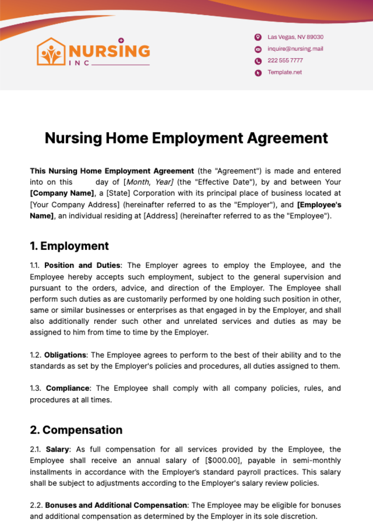 Nursing Home Employment Agreement Template