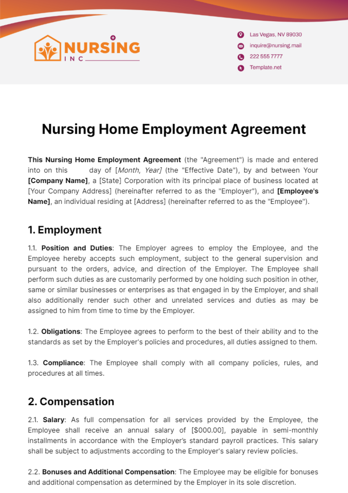 Free Nursing Home Employment Agreement Template