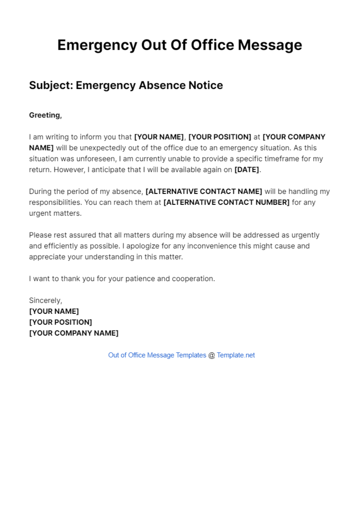 Emergency Out Of Office Message Template