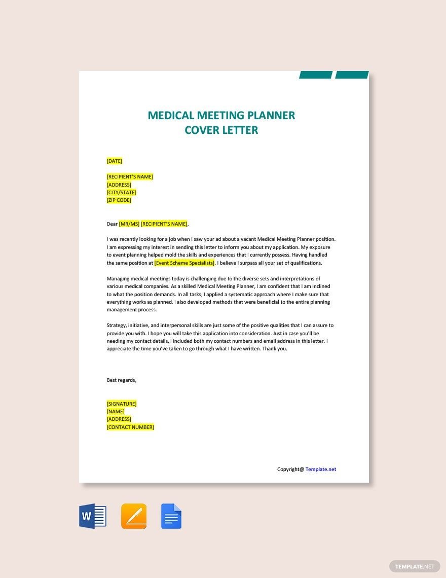 Medical Meeting Planner Cover Letter in Word, Google Docs, PDF, Apple Pages