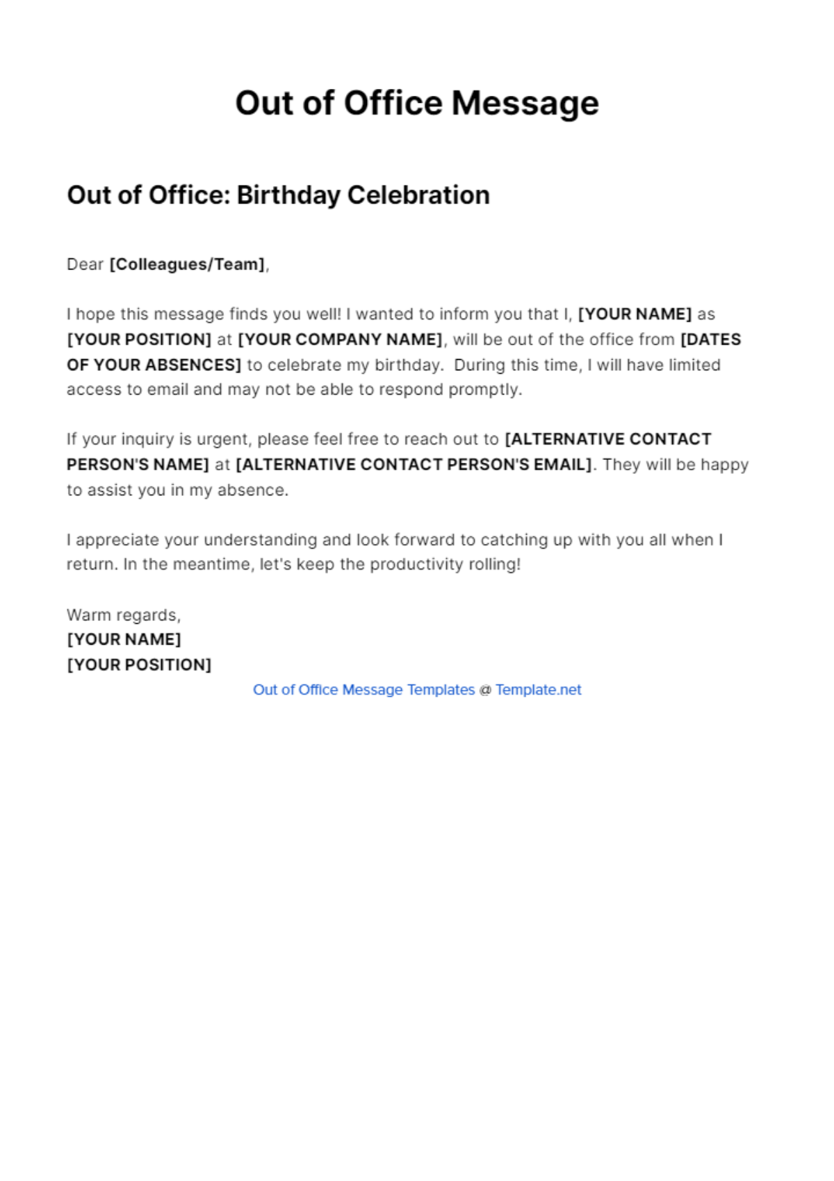 Out Of Office Message for Birthday Template