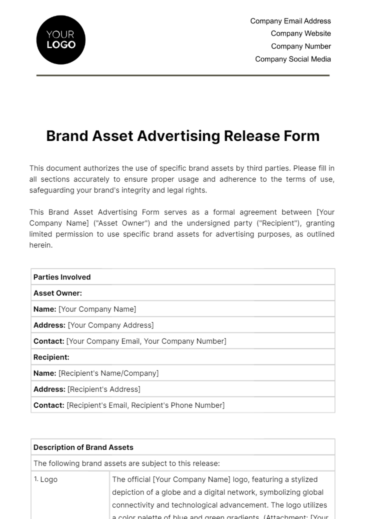 Free Brand Asset Advertising Release Form Template