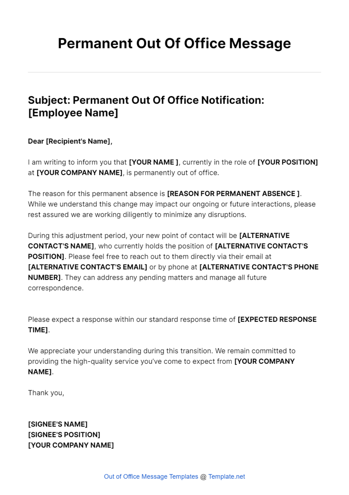 Permanent Out Of Office Message Template