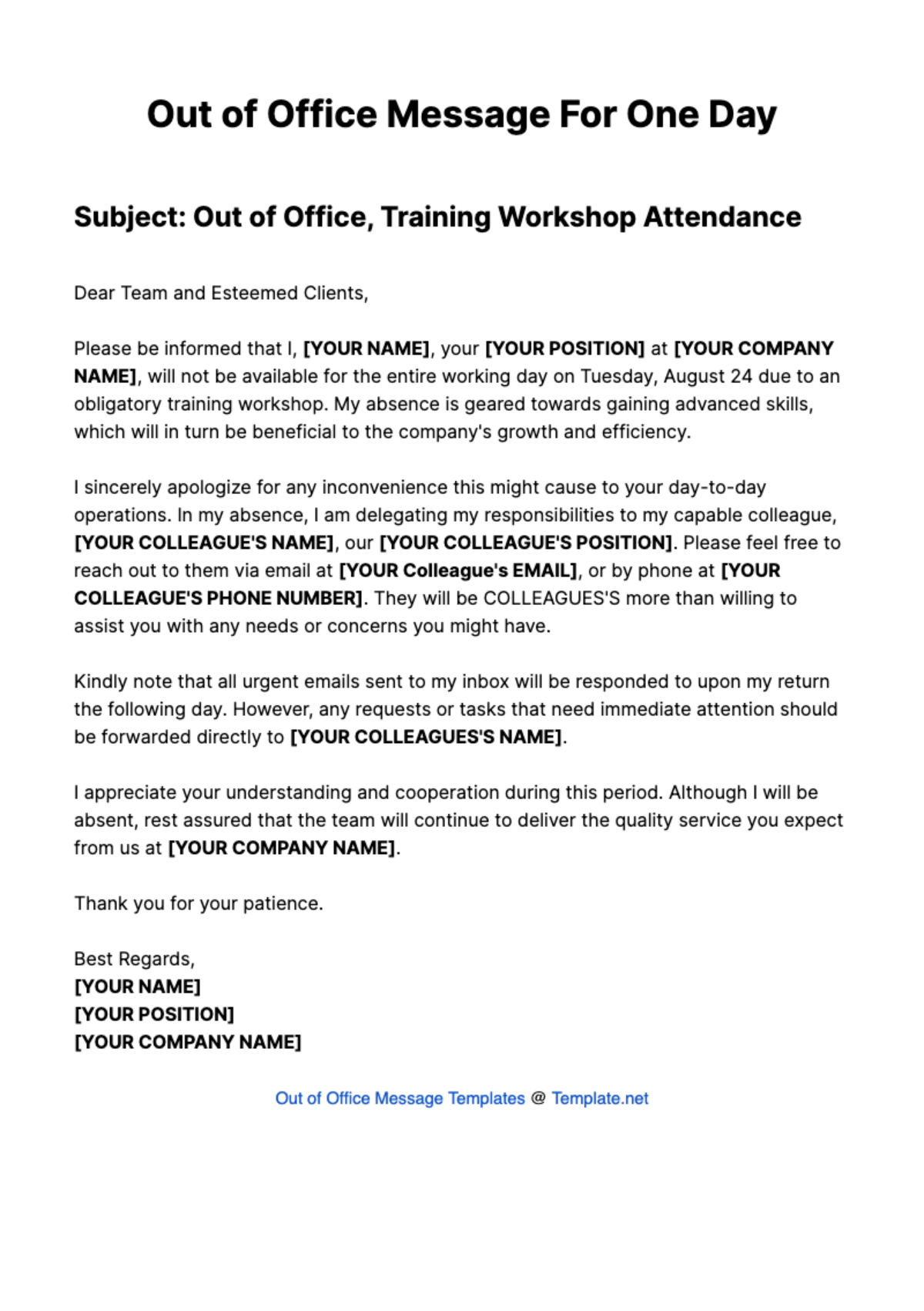 Out Of Office Message For One Day Template
