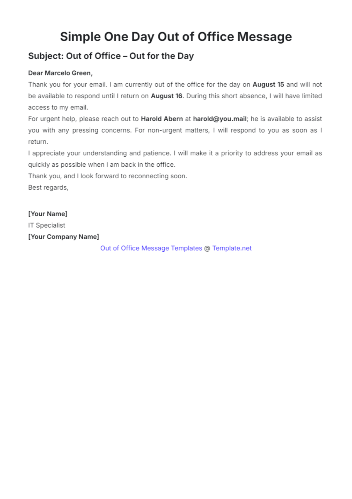 Simple One Day Out of Office Message Template